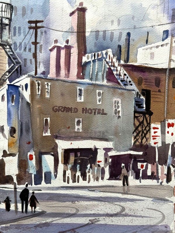 1960s Regionalist Painting of DOWNTOWN LOS ANGELES - GRAND HOTEL and CITY HALL gallery