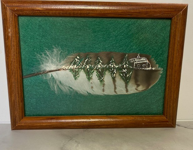 Original House and Forest Painting on a Feather Signed by Artist Vintage 8×6