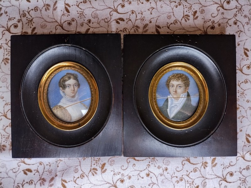 Antique Vintage Miniature Portrait Painting Pair – Husband and Wife