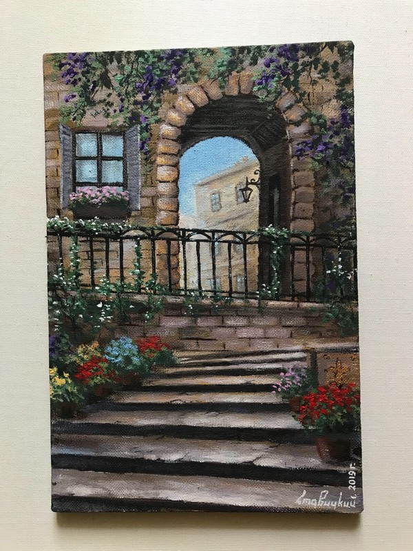 Flowered staircase in the middle of beautiful Italian architecture Oil painting