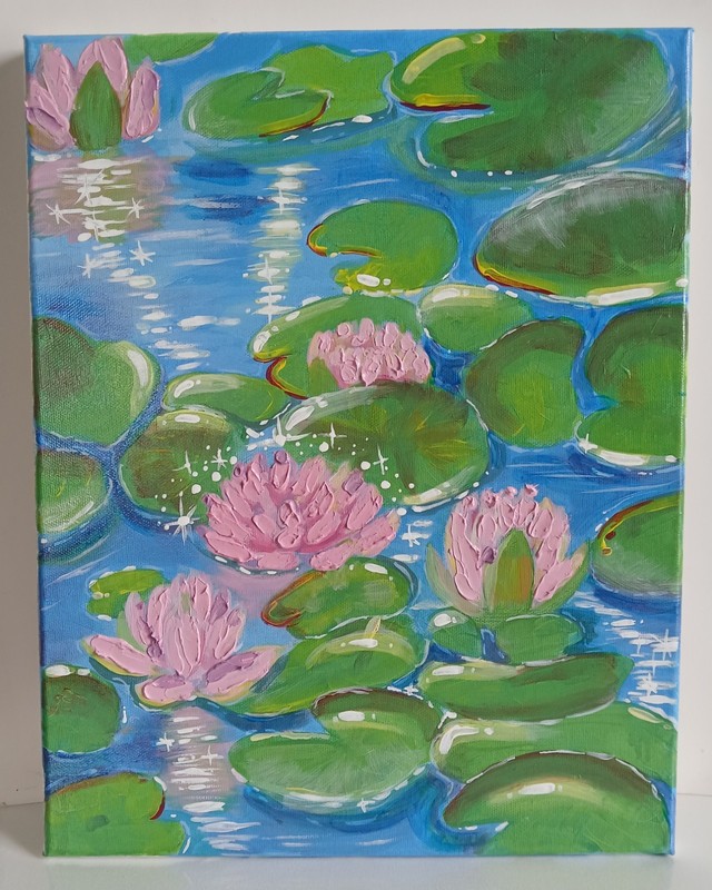 Original Water Lily Pond Painting Pink Lotus Flowers Impressionist Wall Art