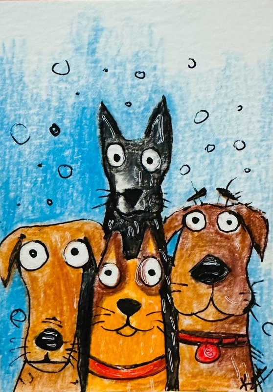 ACEO Original Colored Pencil Drawing Whimsical Dogs Group Portrait Art OOAK NEW