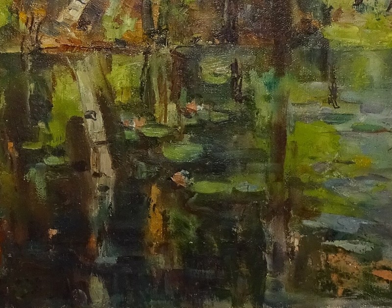 Impressionist Water Lily Pond Landscape Oil Painting Birch Trees Signed D. Tufts gallery