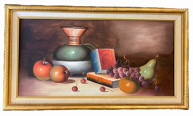 Vintage Oil On Canvas Still Life Fruit Pitcher Books Gold Gilt Faux Bamboo Frame