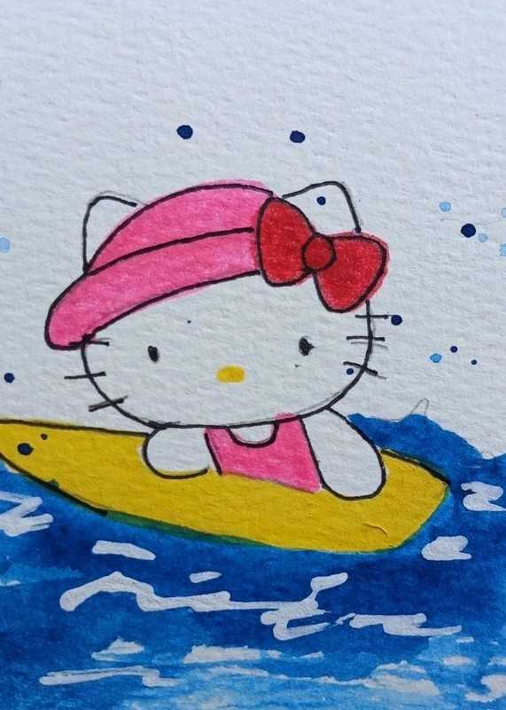 Aceo Mixed Media Art Card Hello Kitty
