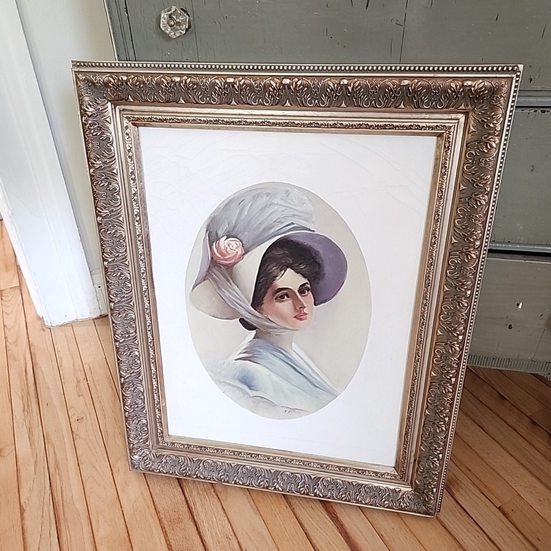 Portrait Edwardian Lady Oval Painting On Canvas Ornate Gold Wood Frame 24×30 Art