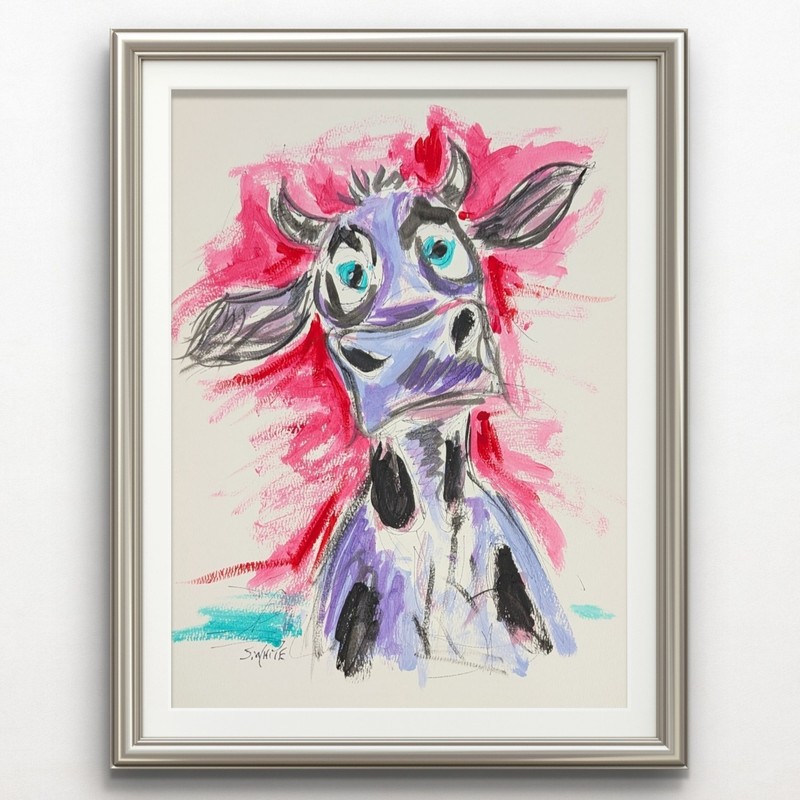 Whimsical Cow Original Painting 11×14 Paper Neo Expressionist Modern Art SWhite