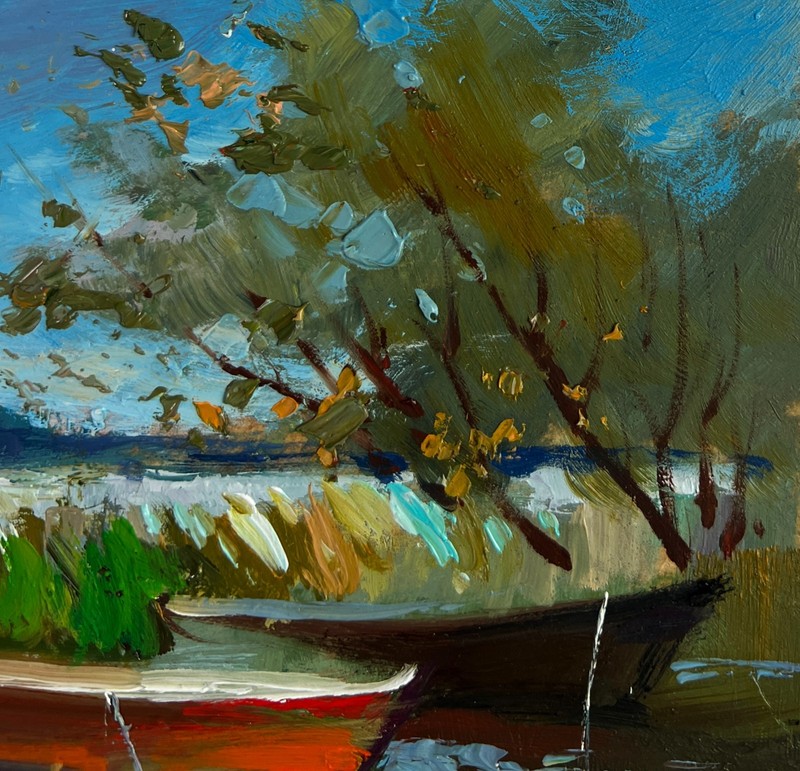 Oil Painting Boats Moored On The Shore Y. Suprunchuk Unframed Original nAAA4969 gallery