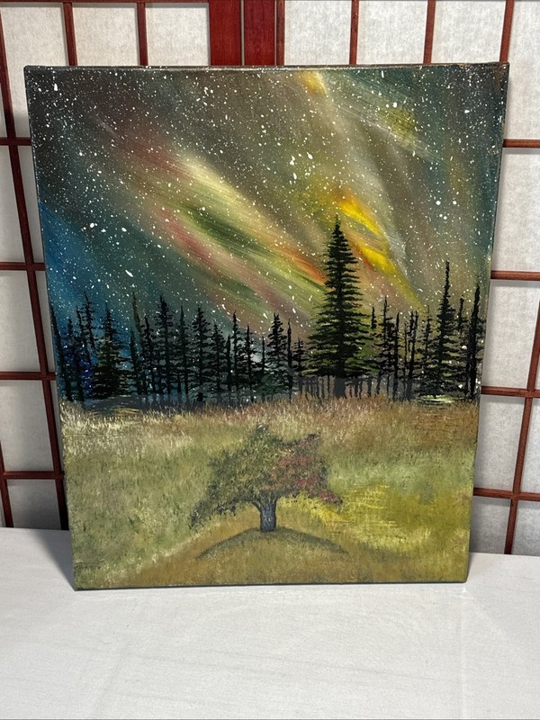 acrylic painting on canvas original artist Northern Lights Aurora Borealis Tree