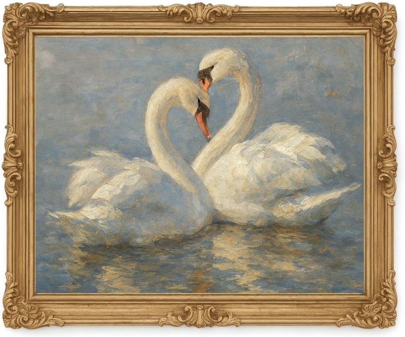 Swan Couple Wall Art – Romantic White Swan Print – Vintage Impressionist Oil gallery