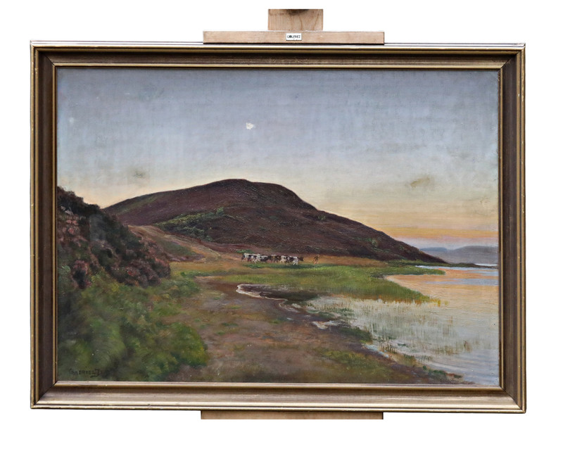 Gabriel Jensen Framed Oil Painting, Coastal Landscape With Cows, Signed