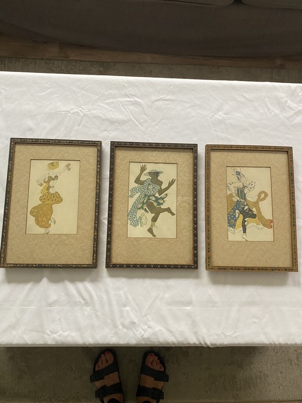 Leon Bakst Art In Original 1920’s Wood Frames Set Of Three
