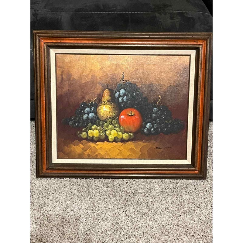Vintage J. Remstedt Oil Painting Framed Fruit Still Life Grapes Apples Pear 1970