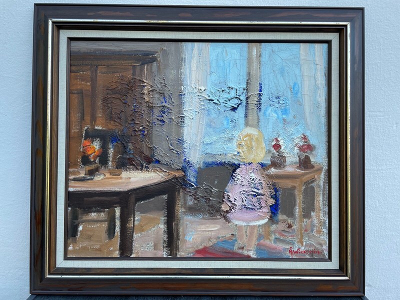 Åke Wickström 1927 Interior with Figure Girl Room Furniture Window Flowers Table gallery