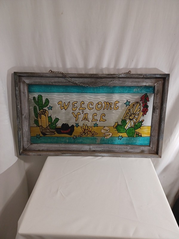 Vintage Folk Art Welcome Y’all Stained glass painted window Farm house Rustic