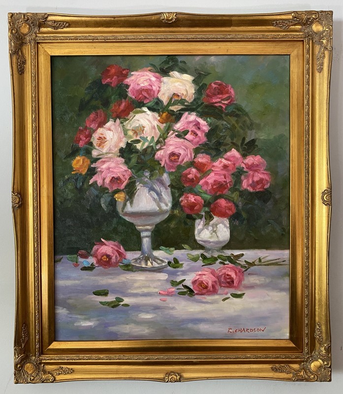 Large Oil Painting – Impressionist Roses in White Vases – Ornate Gold Frame