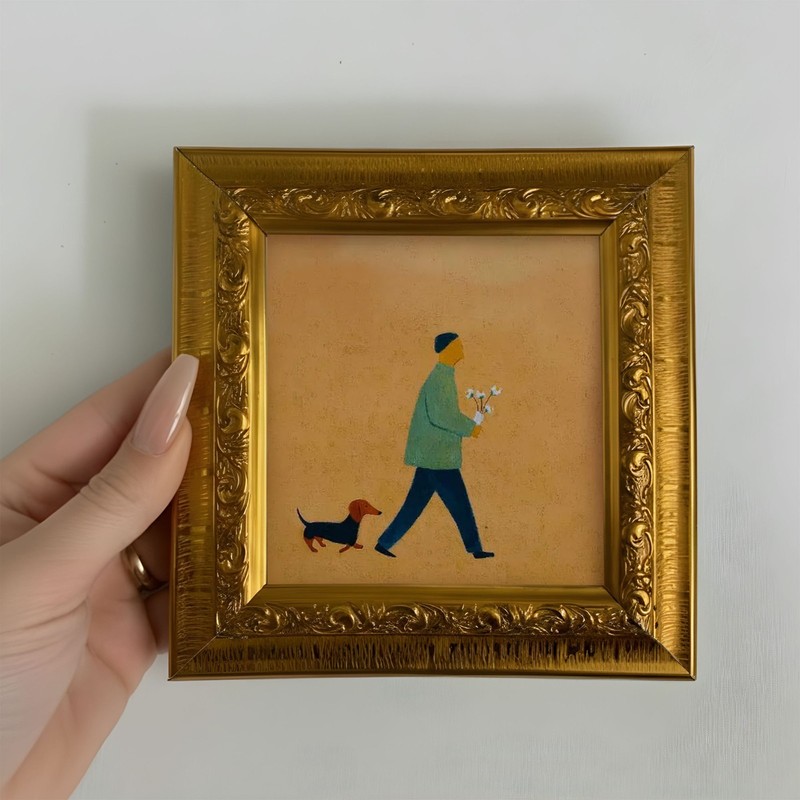 Man with Dog, Small Original Oil Painting, Hand Painted Wall Art, Home Decor