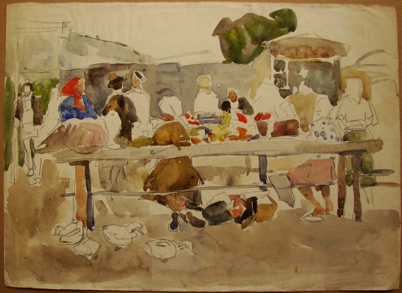 Ukrainian Soviet USSR Painting realism fauvism cubism marketplace sketch