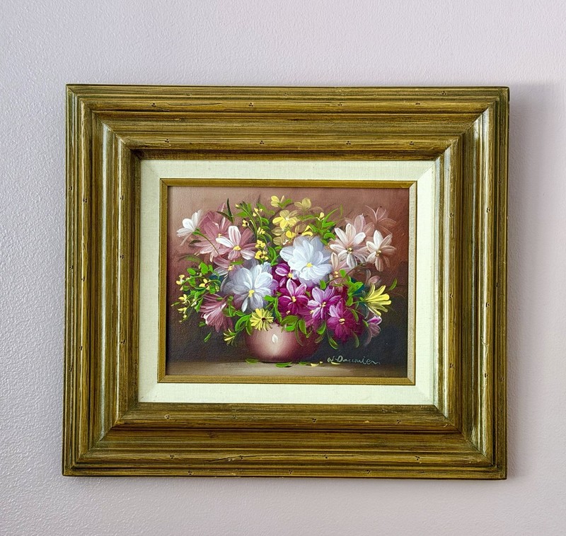 Vintage ORIGINAL 1980s Shades of Pink Floral Daisies SIGNED W Damien FRAMED