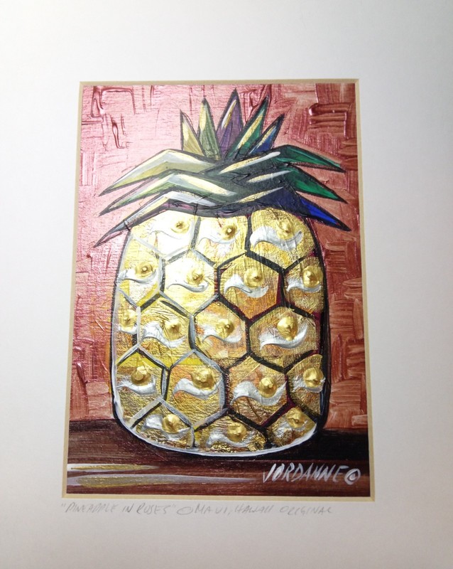 Contemporary PINEAPPLE N ROSES by JORDANNE gallery Maui, gold leaf acrylic gallery