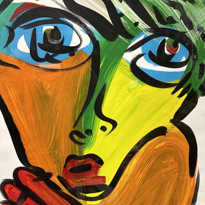 Original Painting by Peter R. Keil Abstract Expressionist Colorful Face Lg 22×28