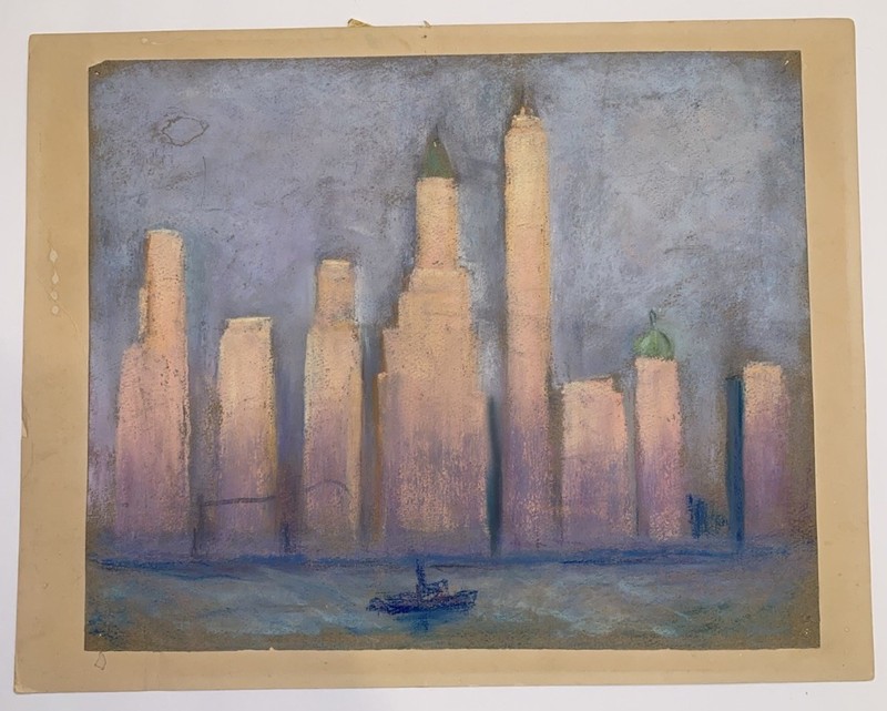 Original Vintage Unsigned Pastel Cityscape on Paper Mid Century Modern Style gallery