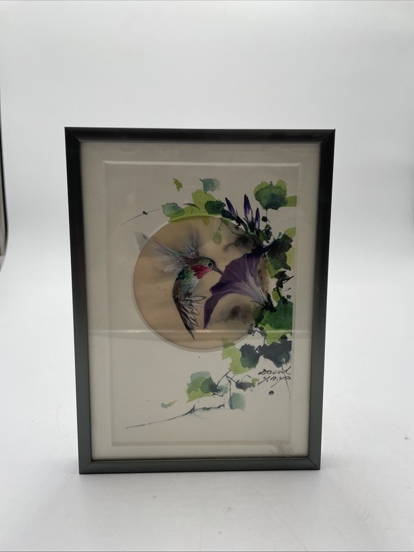 Signed Vintage Framed Watercolor Hummingbird Flower Asian Silk Style Art