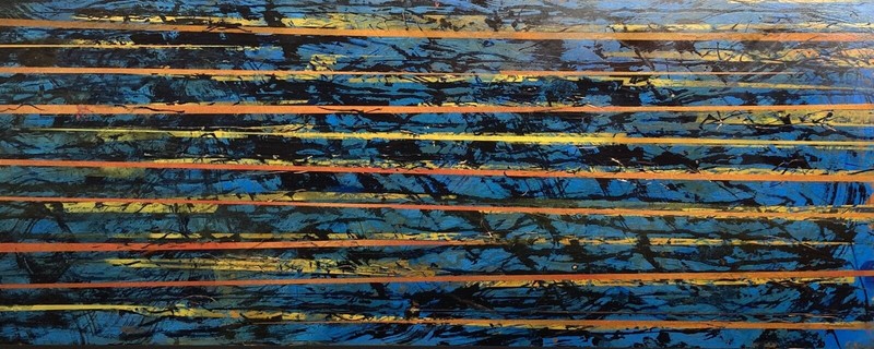 handmade blue and orange custom painting on wood  47 ¼ x 15 ¼ 