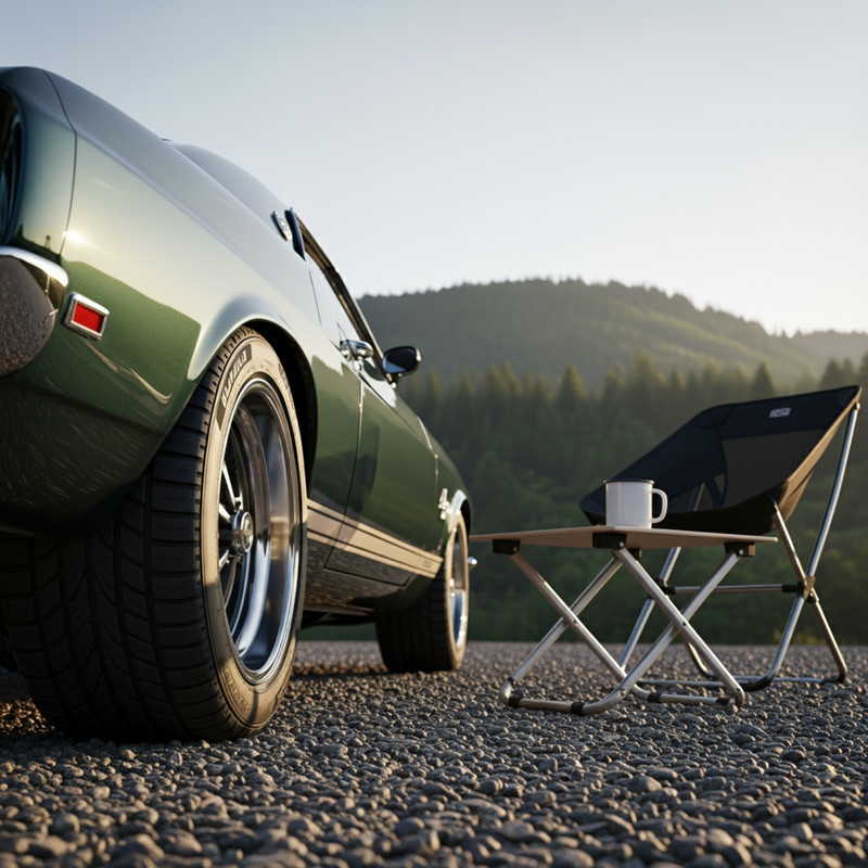 Vintage Muscle Car with Camping Style – Digital Photo Art Background Wallpaper