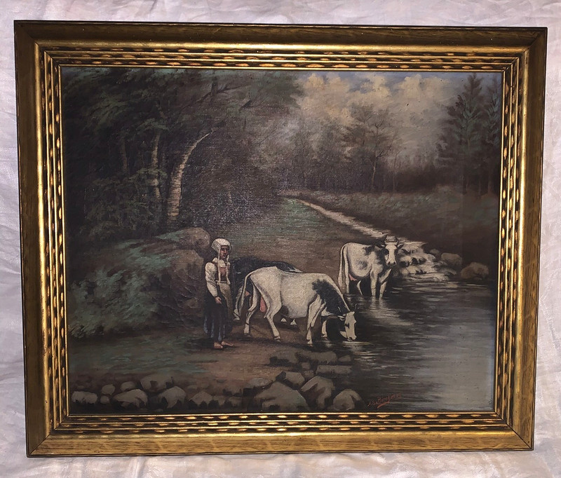 Large Antique Framed Painting Signed A.E. Birchman Cows Stream Scenery