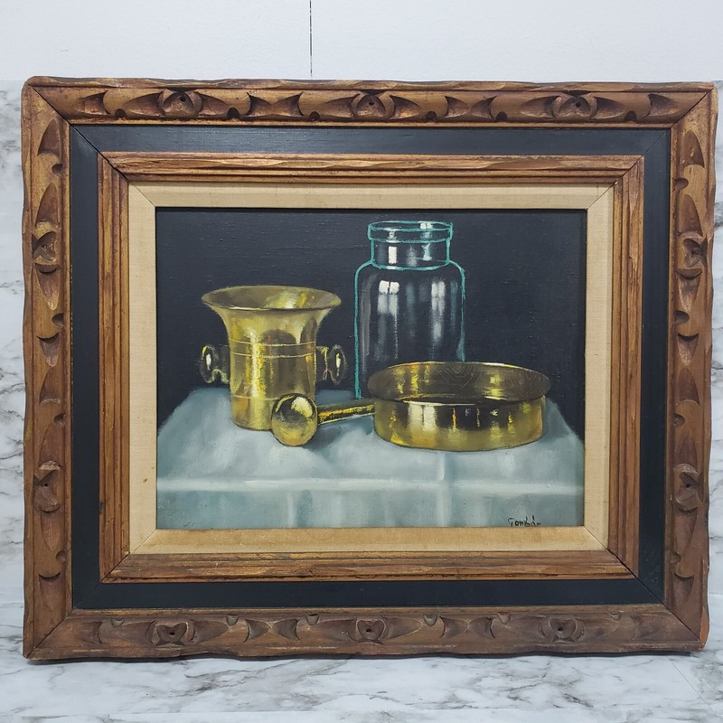 Vintage Andras Gombar Still Life Painting Canvas Framed Kitchenware – Signed
