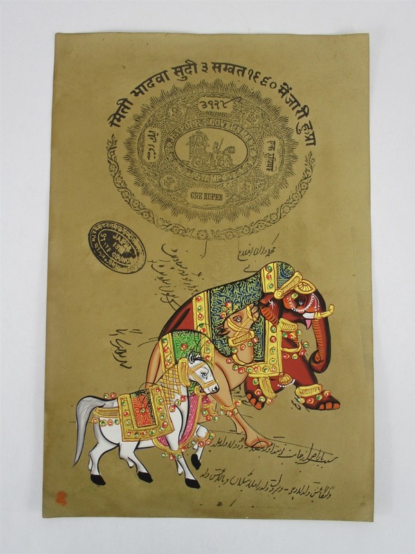Royal Mughal Elephant, Camel & Horse Old Paper Stamp Miniature Painting