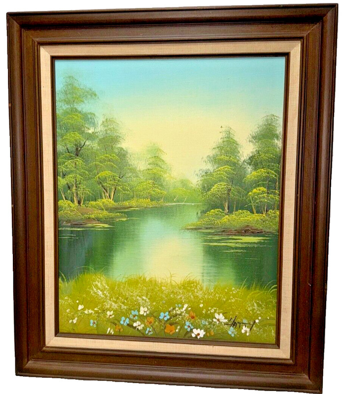 Vintage MCM Waterscape with Flowers & Trees Oil Painting Original Signed Hatty