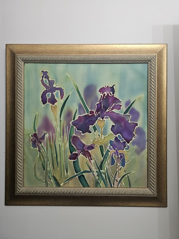 Signed Original Ink on Silk Painting- Irises on Silk by Anne Gordon- Framed gallery