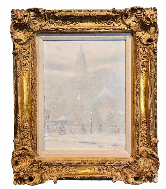Johann Berthelsen -The Little Church around the corner in the Snow -1930s Oil Pa