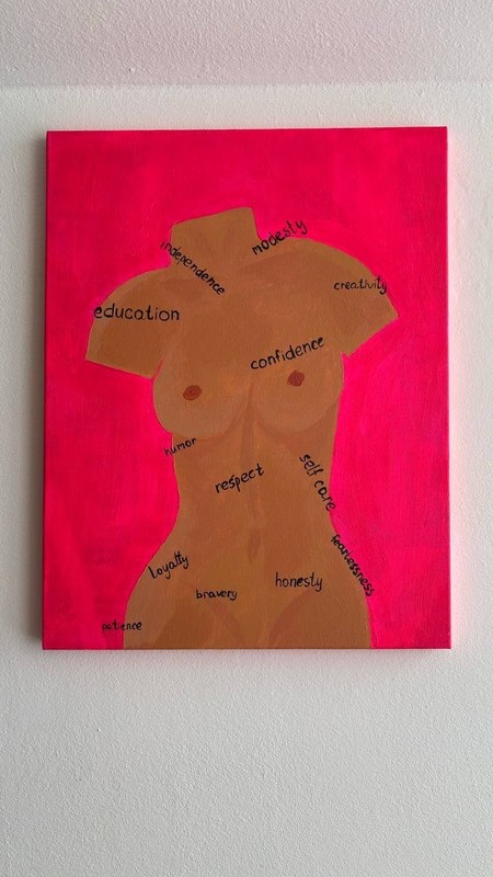 Original Acrylic Figurative Painting on Canvas – Female Body with Words