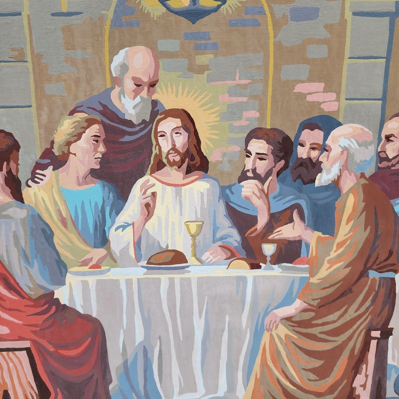 Vtg Last Supper Paint By Number Jesus Framed 24x18 MCM Religious PBN Wall Art gallery