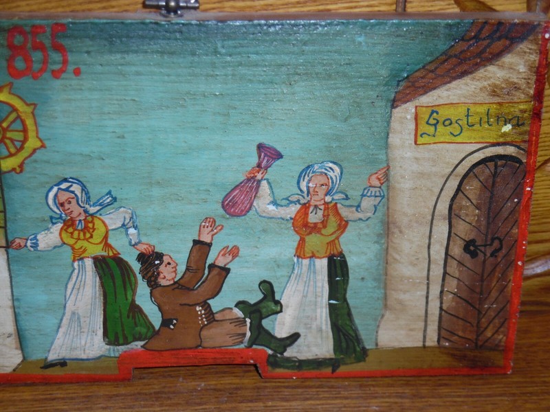 Antique Or Vintage Slovic Painted Wood Panel - Angry Wife - 10 1/4" x 5 5/8" gallery