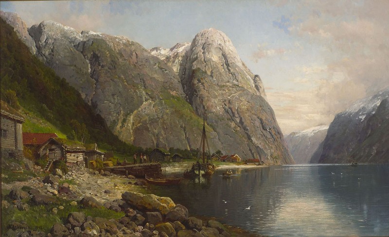 Oil painting Bakka i Nerøyfjorden Norway landscape with figures by river canvas