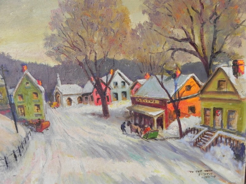 New England winter painting naive impressionist 1979 signed Titus poss. Vermont gallery