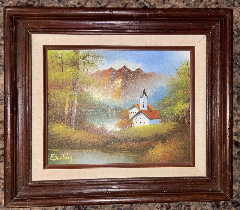 F. SWATSLEY Framed Canvas Painting Mountain, Lakes, Boats, Church, & Landscape