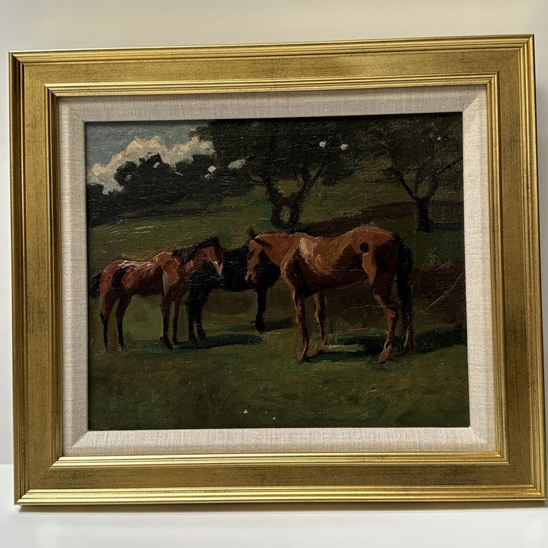 ANTIQUE IMPRESSIONIST PAINTING HORSES MASTERFUL SMALL GEM MYSTERY LANDSCAPE OIL