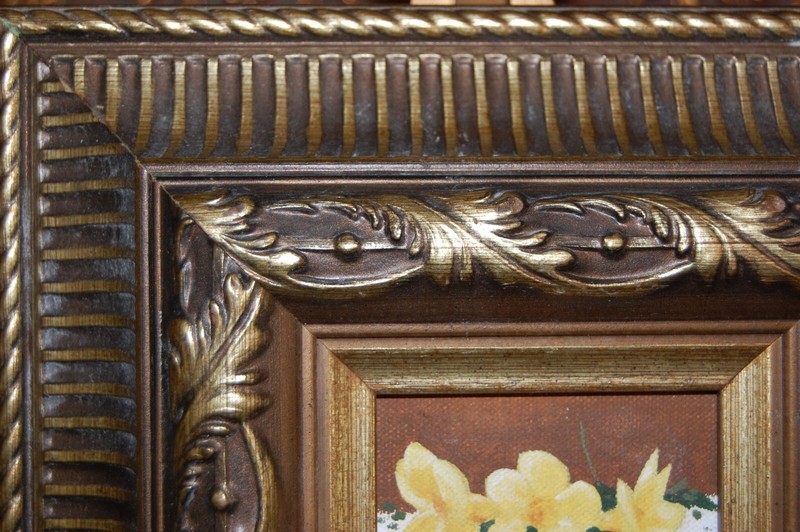 FRAMED SMALL ORIGINAL OIL YELLOW BELL TRUMPET FLOWERS COLOMBIA ARTIST: VERAZ gallery