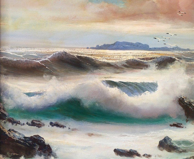 Original Realistic Sea-Seascape at Sunset-Waves on the Rocks Oil Painting signed gallery