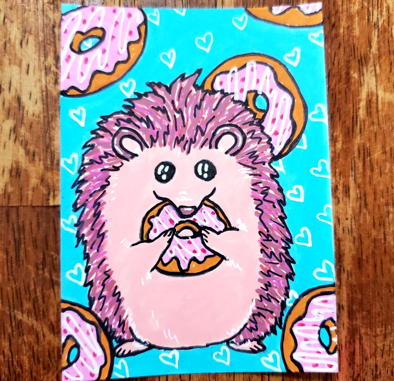 ACEO Original Cute Donut Hedgehog Painting Cute Animal Art Nature Painting