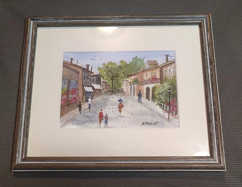 Rare Artist Signed Watercolor Village OOAK Ann Marie Pribish Framed 11″ x 9.5″
