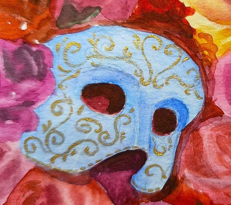 ITALY Venice MASK GOLD MASQUERADE Original Artwork Painting Flowers PINK ROSE A5 gallery