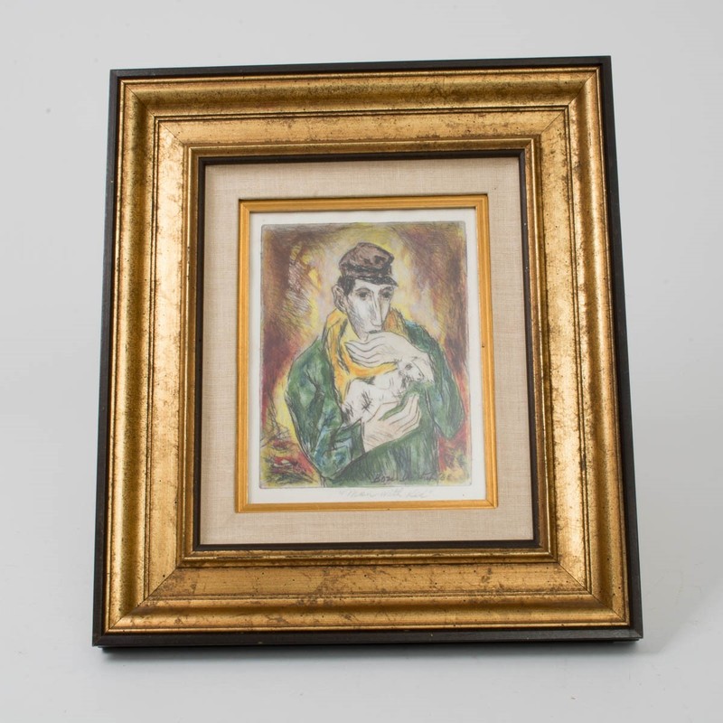 Orig 1968 California Modern Artist Boris Deutsch «Man with Kid» Painting 14″x16″