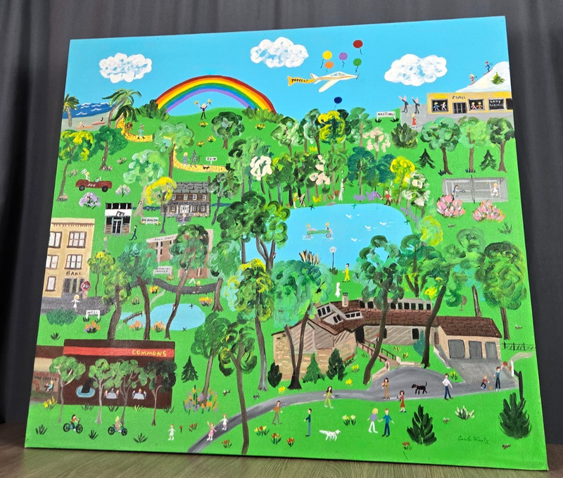 Carole G. Wantz Indiana folk art landscape original oil painting, Ball State 38" gallery