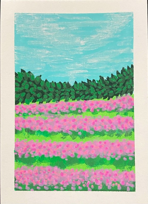 ACEO Original Pink Flowers Field Sky Miniature Painting Landscape OneCraftyLady